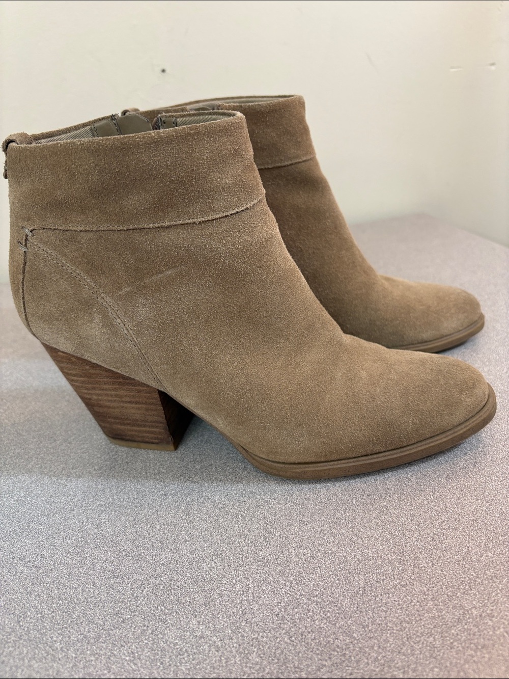 Steve Madden Taupe Suede Stacked Heel Ankle Booties